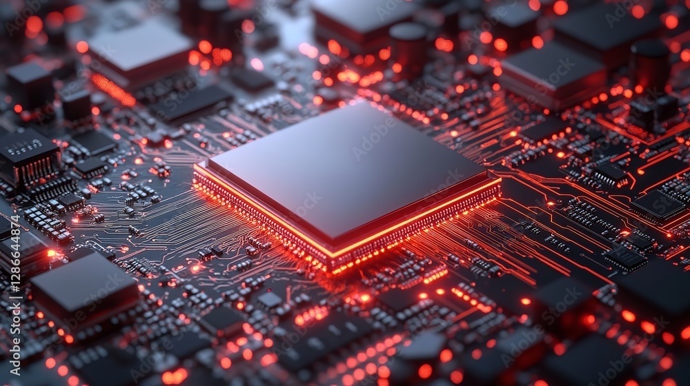 Poster abstract red circuit board technology digital background modern processor hightech innovation electr