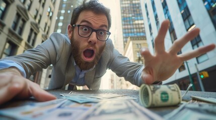 Surprised man in his 30s picks up money among tall buildings