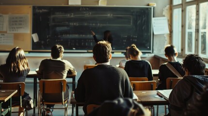 Obraz premium Teacher in Dark Sweater Engages Students in Bright Classroom Setting