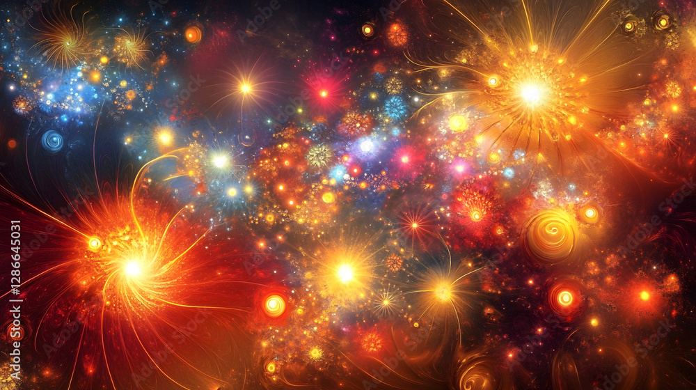 Poster abstract background featuring colorful fireworks and stars in a vibrant artistic display