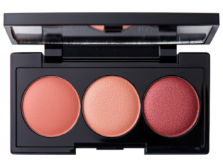 Cosmetic blush palette showcasing three vibrant shades on a white background.