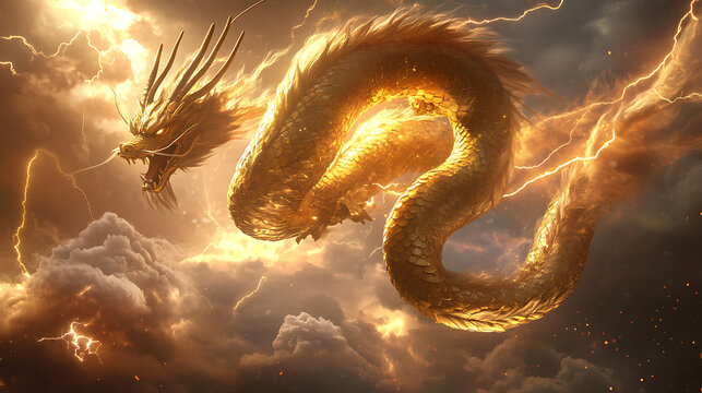 A realistic animation of a fierce Tianlong, a celestial Chinese dragon with golden scales and flowing whiskers, soaring through storm clouds with lightning crackling around its body 