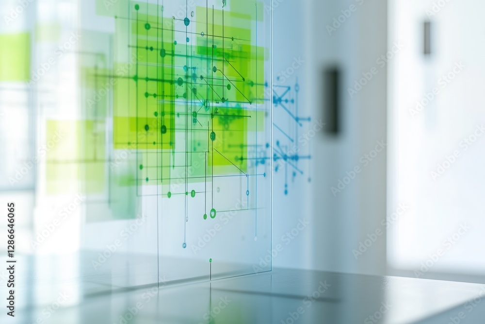 Poster abstract digital network visualization with green and blue elements on a glass panel.