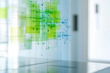 Abstract digital network visualization with green and blue elements on a glass panel.