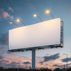 large white billboard stands against dramatic sky at dusk, illuminated by three lights