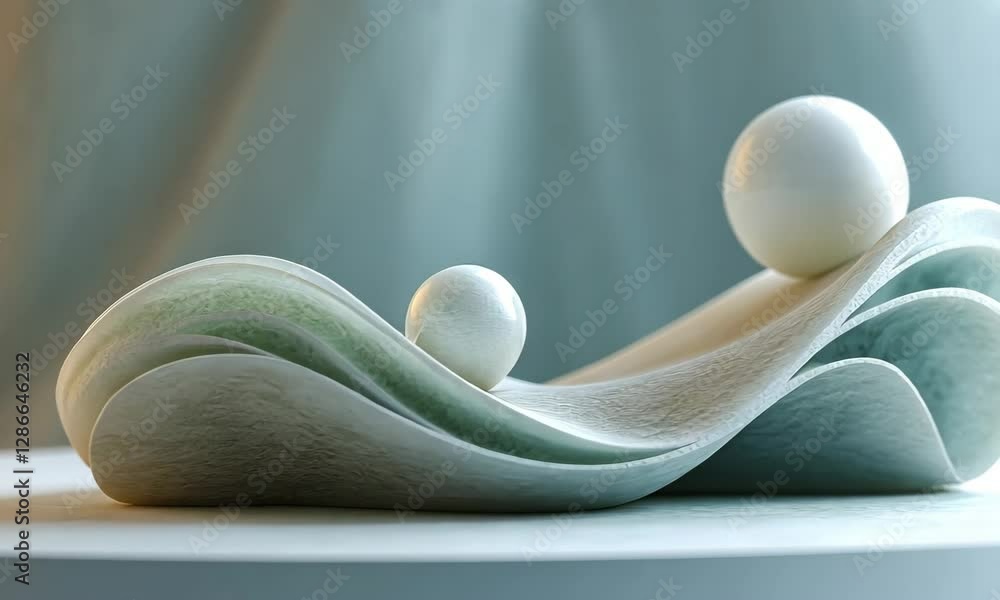 Poster abstract art composition with spheres and flowing shapes in soft lighting