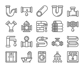 Plumbing icons. Plumbing and water supply line icon set. Editable Stroke.