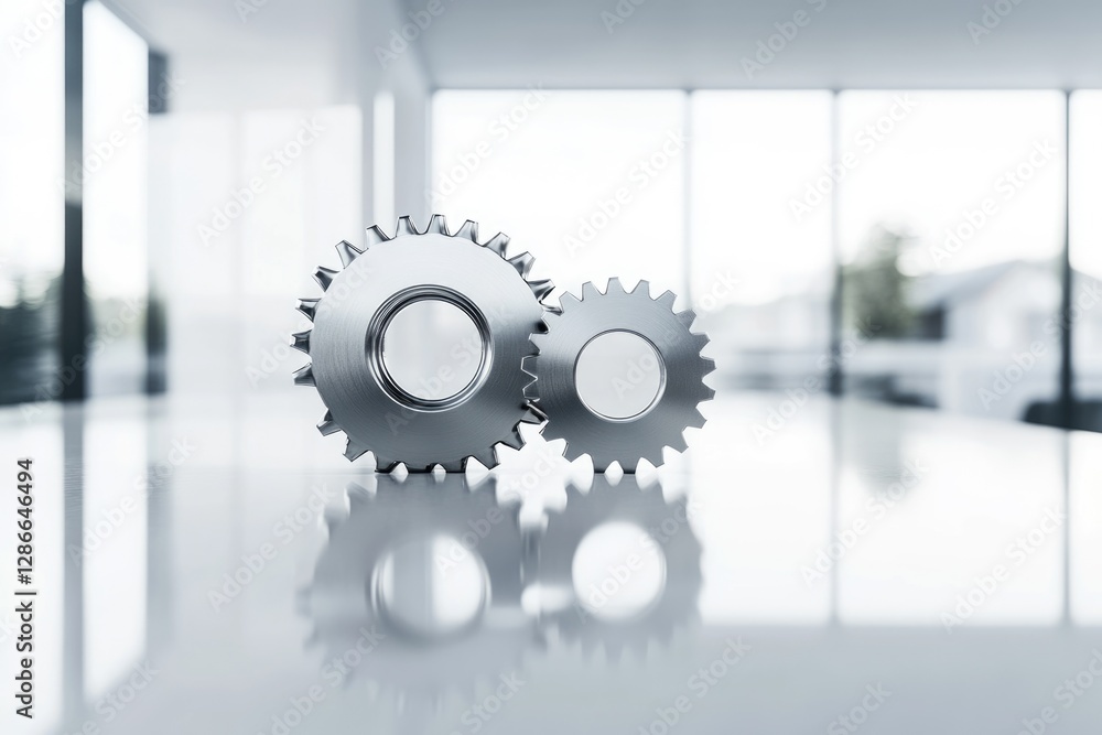 Poster two metallic gears interlock on a reflective surface, symbolizing teamwork and collaboration in a mo