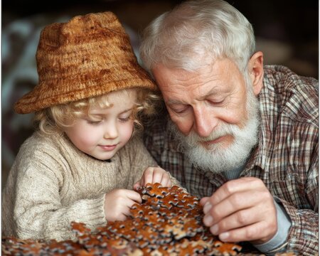 Experience the heartwarming joy of intergenerational bonding as a family collaborates on a challenging jigsaw puzzle, fostering patience, and nurturing shared effort in a delightful display of