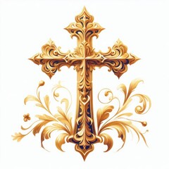 Ornate golden cross with watercolor botanical elements design illustration