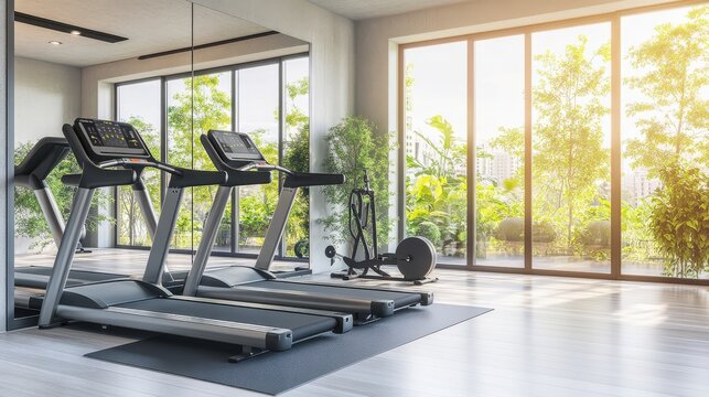 Modern gym interior with treadmills and exercise bike in bright, spacious room with greenery