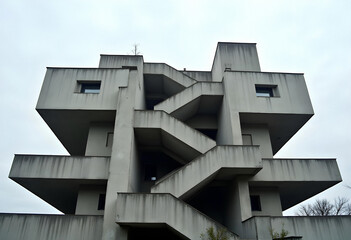 Brutalist apartment building under gray skies.