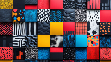 A stylish poster with a grid of vibrant squares, each containing abstract designs, bold typography, or artistic patterns