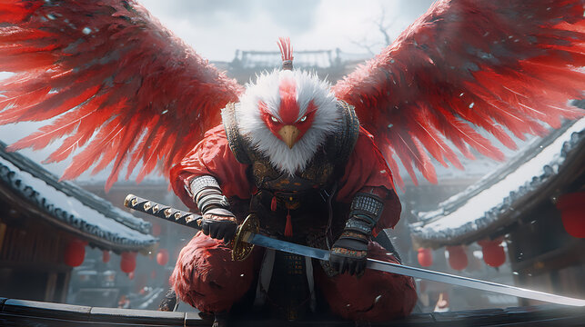 A realistic animation of a Japanese Tengu, a warrior spirit with red skin and sharp wings, perched on a sacred shrine rooftop while gripping a mystical katana 