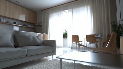 Fototapeta premium Modern open-plan living area, natural light, spacious kitchen, relaxing ambiance