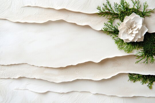 Elegant White Flower and Greenery on Textured Cream Background Perfect for Spa Wellness or Wedding Invitations