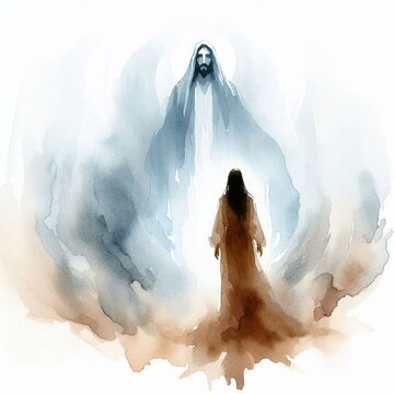 Resurrection encounter, Watercolor depiction of Jesus and Mary Magdalene
