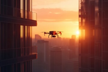 A parcel delivery drone in a densely populated metropolis a compact quadcopter carefully lowers a small box onto the balcony of a high-rise building, the setting sun is reflected in the glass facade.