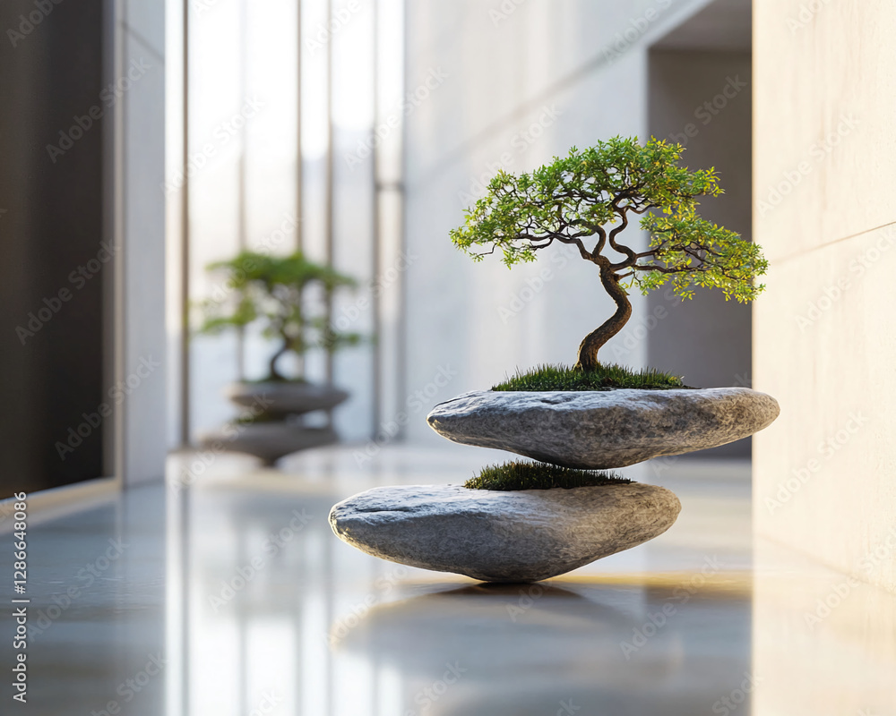 Poster a bonsai tree on top of a balanced rock base in a modern, minimalist interior, symbolizing tranquili
