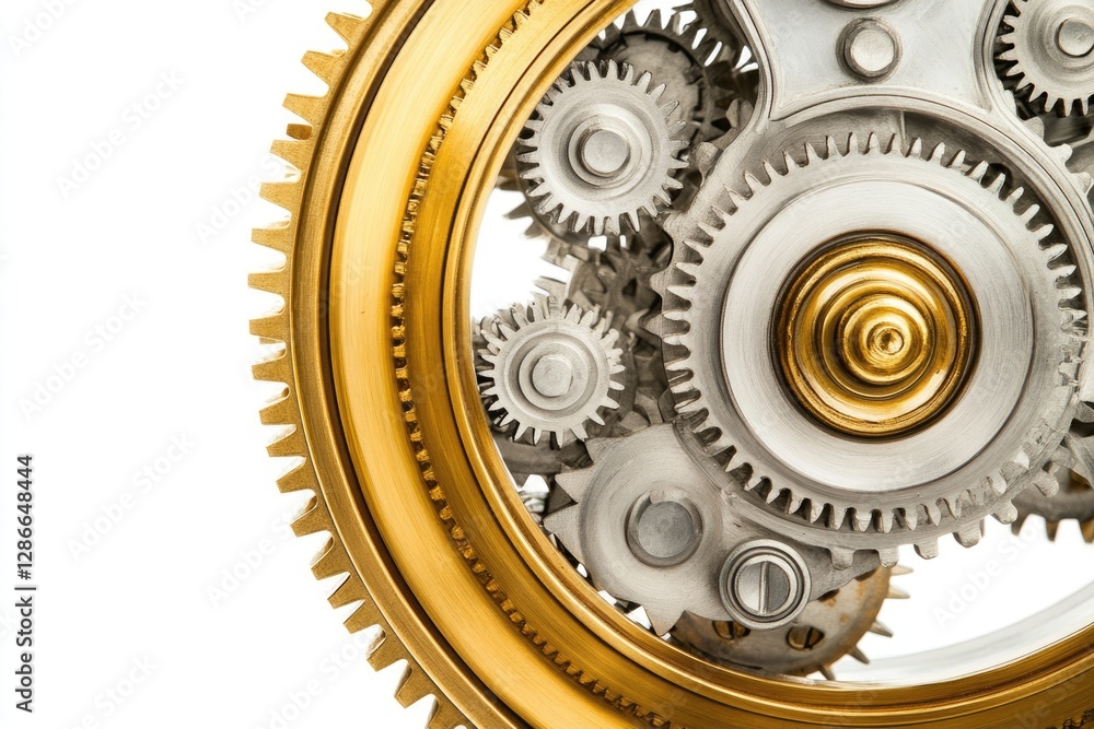 Poster intricate clockwork gears intermesh, showcasing precision engineering and mechanical artistry.