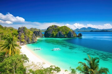 Fototapeta premium A tropical island with turquoise waters, a snow-white beach, palm trees, and the sun at its zenith.