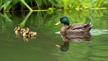 Obraz premium Adult duck with three ducklings swimming together in a pond surrounded by greenery.