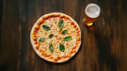 A delicious cheese pizza topped with fresh basil leaves, paired with a glass of beer, set on a rustic wooden table.