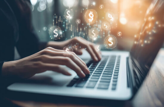 person typing on laptop with digital dollar signs floating around, symbolizing online financial transactions or digital currency