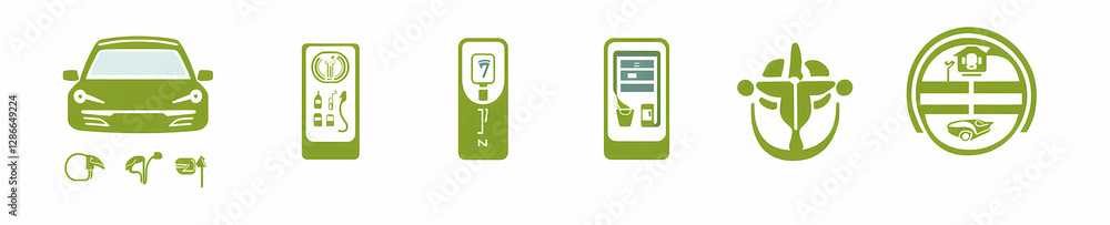 Poster icons of modern convenience: a series of stylized green icons showcasing a car, and an array of cont