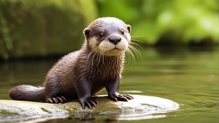 Obraz premium A cute otter sits on a log in a serene, green, watery environment.