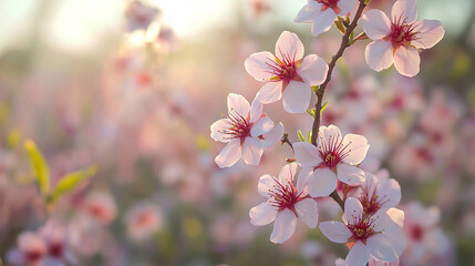 Soft Cherry Blossoms. A beautiful close-up of cherry blossoms in full bloom, softly illuminated in a dreamy, ethereal light, perfect for springtime themes.