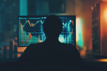 A person sits in a dark room, intensely focused on a computer screen displaying vibrant stock market charts.