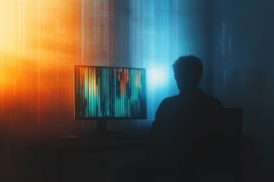 A shadowy figure intently studies lines of code on a computer screen, illuminated by a vibrant digital backdrop.