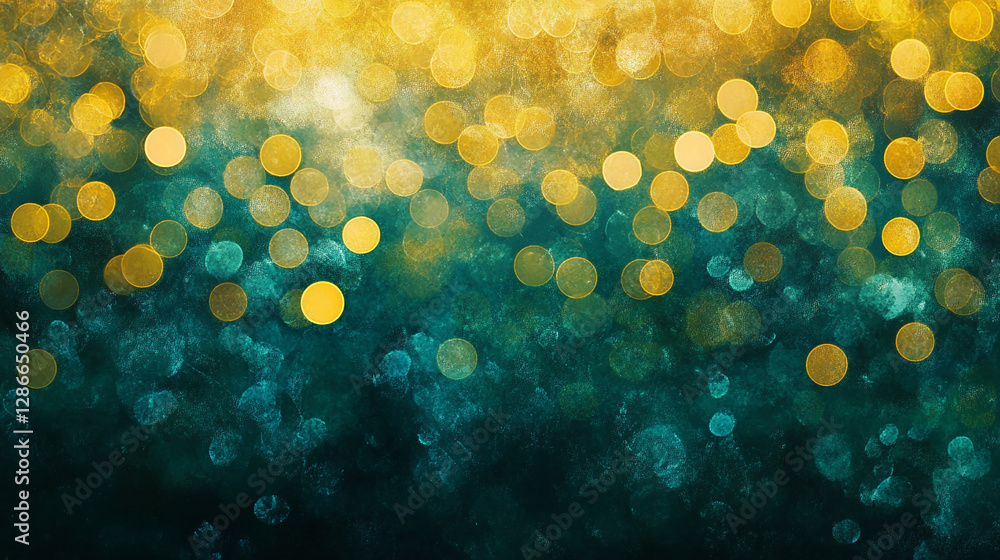 Poster a vibrant abstract background with glowing golden and turquoise bokeh lights, blending into a dreamy