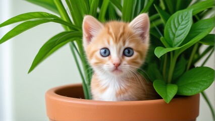 A small orange and white kitten peeking out from a terracotta pot filled with lush green leaves.