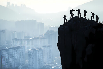 Silhouette of Team on Cliff: A team of determined individuals stands silhouetted on a cliff edge, assisting each other while city sprawls in the background symbolizing success, determination.
