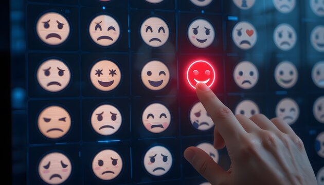 A digital touchscreen interface displaying a grid of emoticons with different facial expressions, mostly neutral or sad, except for a few highlighted happy ones.