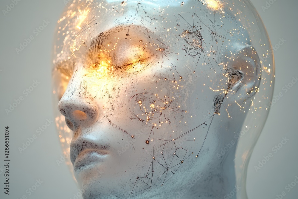 Poster a translucent head sculpture illuminated with warm light, featuring internal network-like structures