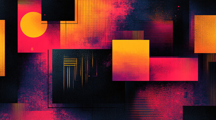 A trendy poster design with overlapping square shapes, each containing a different vibrant gradient or abstract symbol