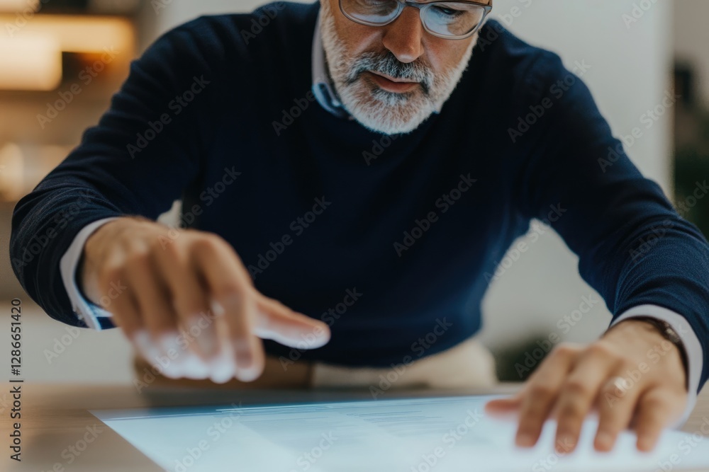 Poster senior man interacts with a digital interface, his hands hovering over a glowing screen displaying i