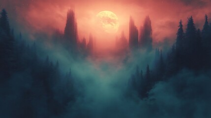 Mysterious crimson moon dramatically lights foggy forest valley. AI Generated