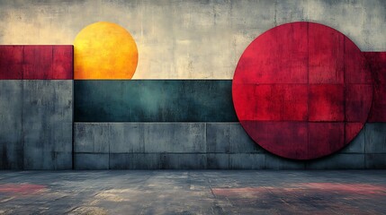 Abstract Geometric Wall Art Bold Red Yellow Circles Concrete Texture. AI Generated
