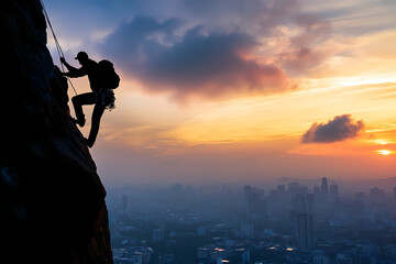 Reaching for the Summit: An adventurous climber fearlessly ascends a rugged cliff face towards a breathtaking skyline during a radiant sunset, showcasing unwavering determination