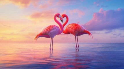 Obraz premium Romantic Flamingos in Tranquil Waters Sunrise Moment Nature Photography Serene Environment Close-Up View Love Concept