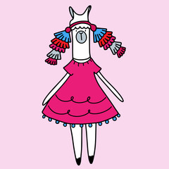 Llama with in dress with ethnic decorations, children's doodle illustration with llama on pink background, character