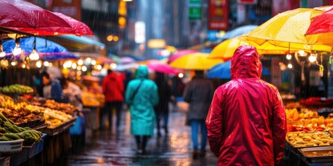 Hong Kong market in the rain people in colorful raincoats, steam over food, flickering signs. 