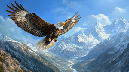 A majestic eagle soaring high above a rugged mountain range. The eagle’s wings are spread wide, its feathers catching the sunlight as it glides effortlessly through the clear blue sky