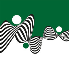 Striped swirling black and white wave on green and white background, design element