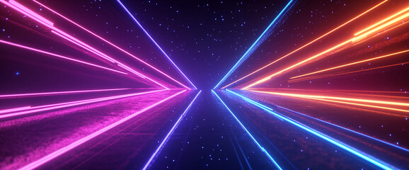 Obraz premium Abstract futuristic design with vibrant neon light streaks in pink, purple, and blue, showcasing dynamic energy and motion, perfect for technology or digital concepts.