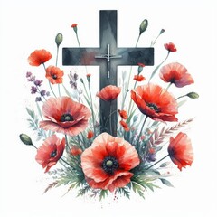 Watercolor cross with vibrant poppies and wildflowers artful composition
